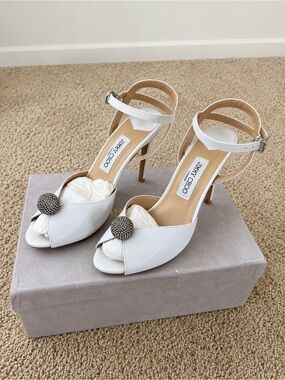 Wedding shoes White Open-Toe Ankle-Strap Heels with Embellished Button